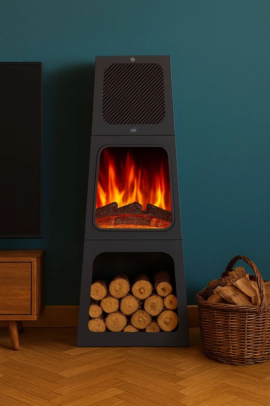 Image of Neo Modern Tall Triangle Pyramid Free Standing Electric Fireplace Stove in Black Unisex