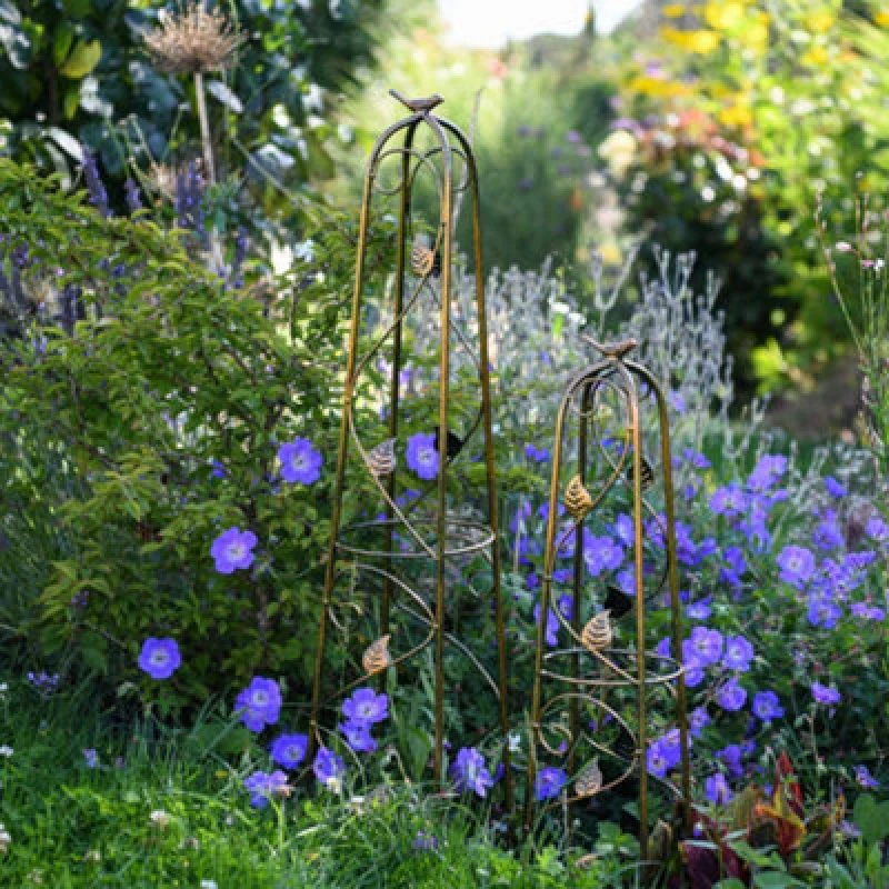 Image of Thompson & Morgan Garden Gear 2Pc Bronze Metal Obelisks - M/l Climbing Plant Supports - Decorative Scroll Leaf Bird Ornament