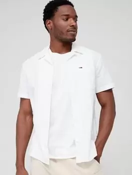 Image of Tommy Jeans Classic Linen Camp Short Sleeve Shirt, White, Size S, Men