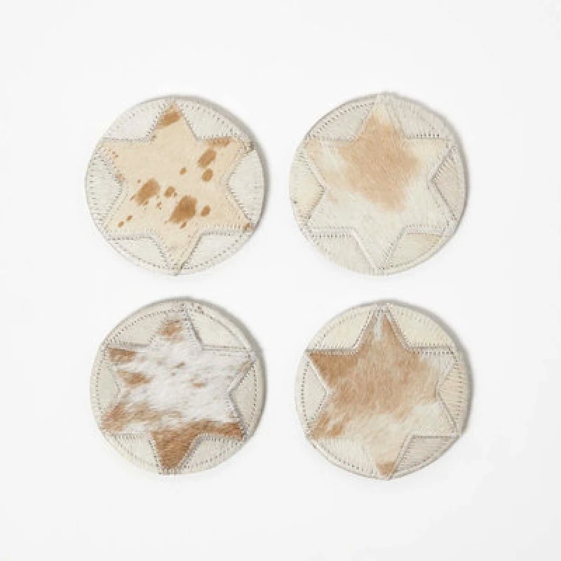 Image of Homescapes Brown Star Round Leather Coasters Set of 4 Brown