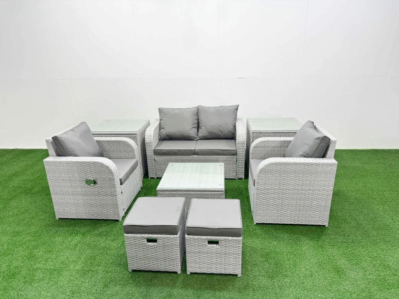 Image of Fimous Light Grey PE Wicker Rattan Garden Furniture Set Sofa Set Reclining Adjustable Chair Square Coffee Table 6 Seater 2 Small Stools 2 Side Table L