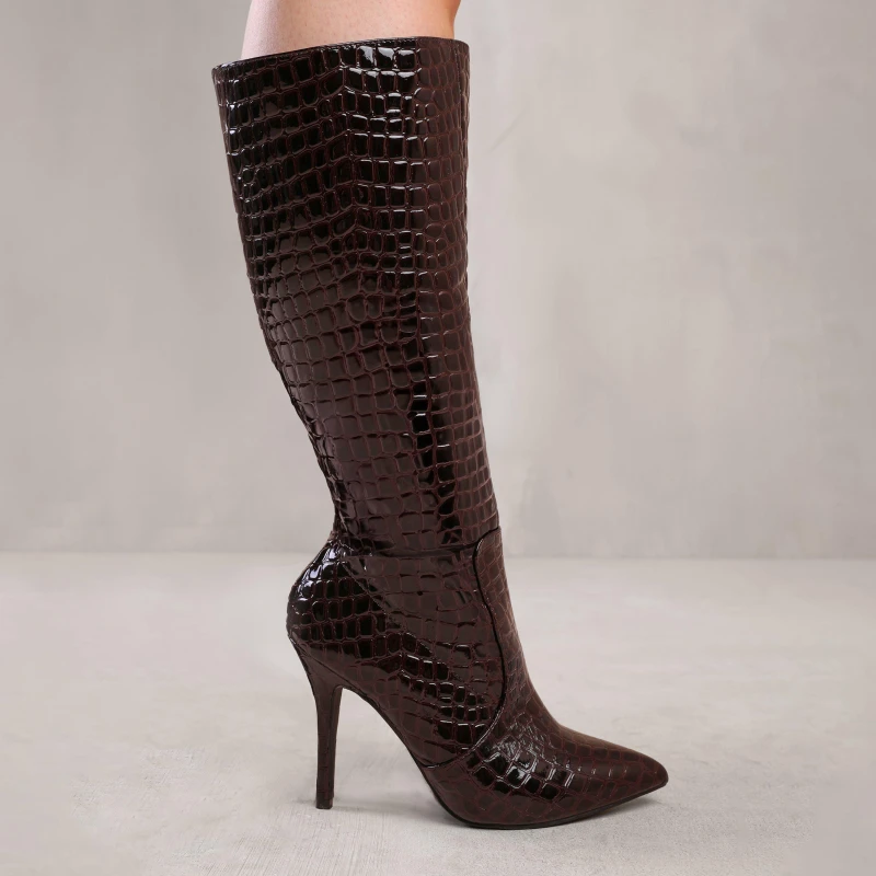 Image of Wheres That From Zoya Wide Calf High Heel Boot In Wide E Fit In Dar - Dark BrownCrocPatent Dark BrownCrocPatent 7