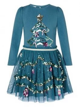 Image of Monsoon Girls Christmas Disco Tree Dress - Teal
