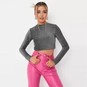 Image of Missguided Neck Glitter Crop Top - Silver