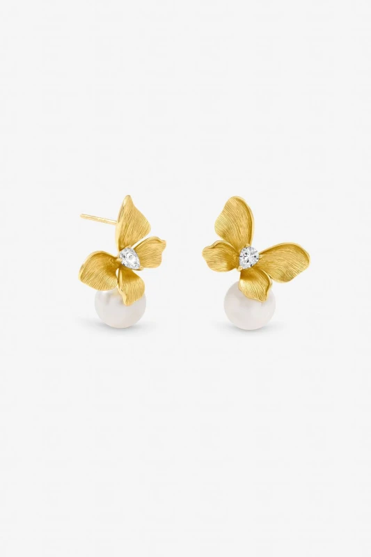Image of Jon Richard Womens Gold Plated Satin Butterfly & Pearl Drop Earrings Gold Female One Size