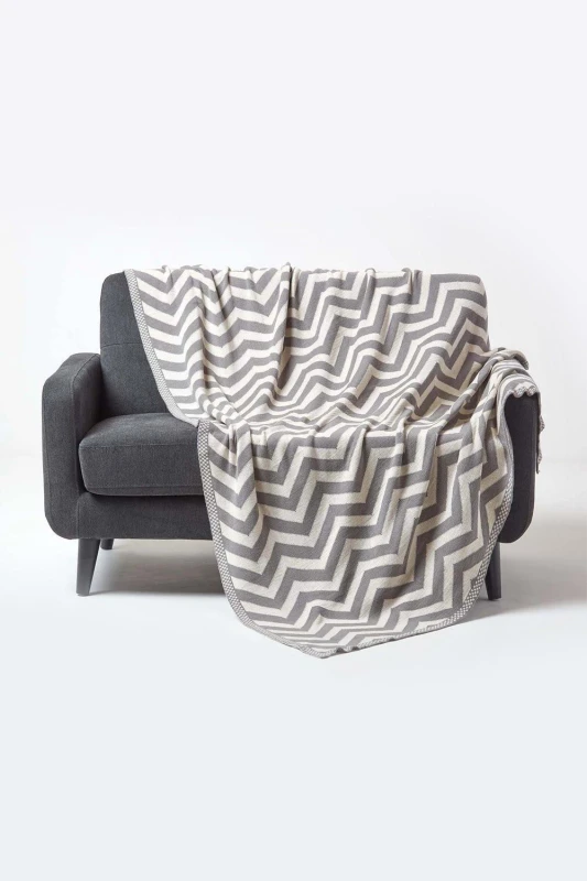Image of Homescapes Cotton Knitted Geometric Throw in Grey Size: 150cm x 200cm Grey Unisex 150cm x 200 cm
