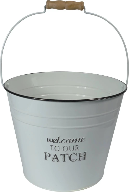 Image of St Helens Vintage Metal "Welcome to Our Patch Pale Planter With Handle White White Unisex