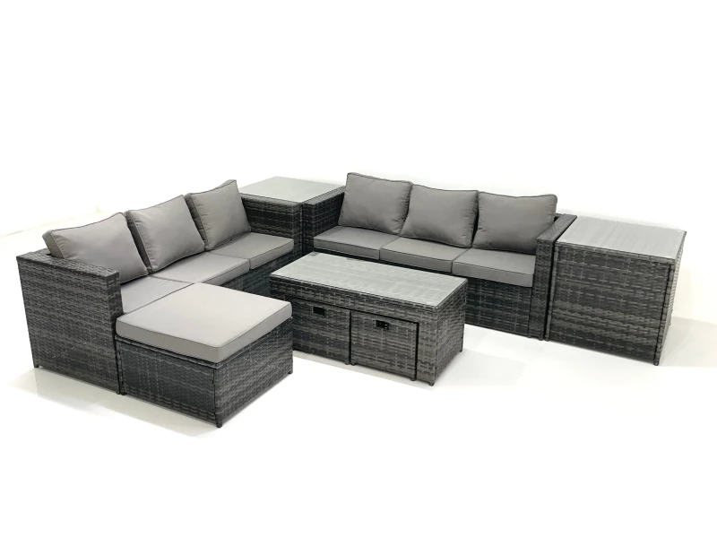 Image of Fimous Garden Outdoor Rattan Furniture Set with Sofa Coffee table 3 Footstools 2 Side Tables Dark Grey Mixed Dark Grey
