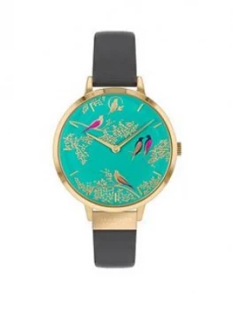 Image of Sara Miller Chelsea Turquoise and Gold Detail 34mm Dial Grey Leather Strap Ladies Watch, One Colour, Women