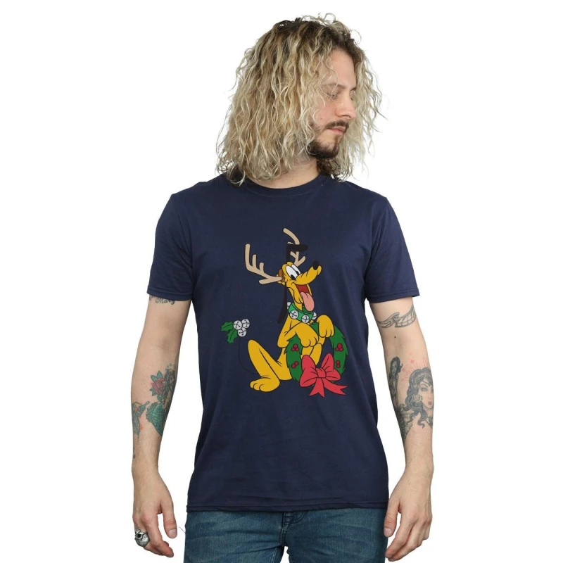 Image of Disney Men Pluto Christmas Reindeer T-Shirt in Navy Size: Small Navy S Male 5059400324419