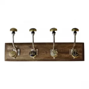 Image of 4 Double Ceramic Gold & Black Coat Hooks On Wooden Base