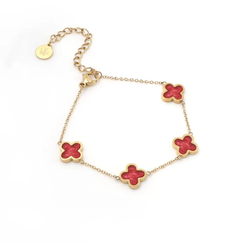 Image of Say It With Cherry Red Crystal Clover Bracelet - Yellow Gold Size: 7.5 inches Gold Unisex 7.5 inches