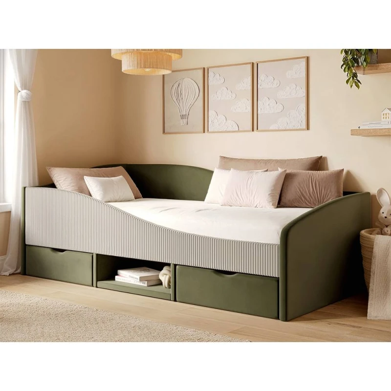 Image of Flair Aubrey Velvet Storage Low Sleeper Bed with Beige Cord in Green Size: Single Green Unisex Single