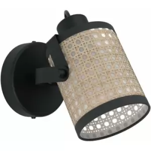 Image of Loops - LED Wall Light / Sconce Black & Wicker Pattern Adjustable Shade 10W E27 Bulb