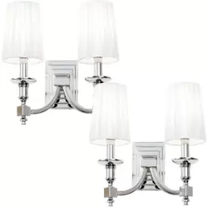 Image of 2 PACK Modern Twin Wall Light Nickel & White Pleated Shade Pretty Bedside Lamp