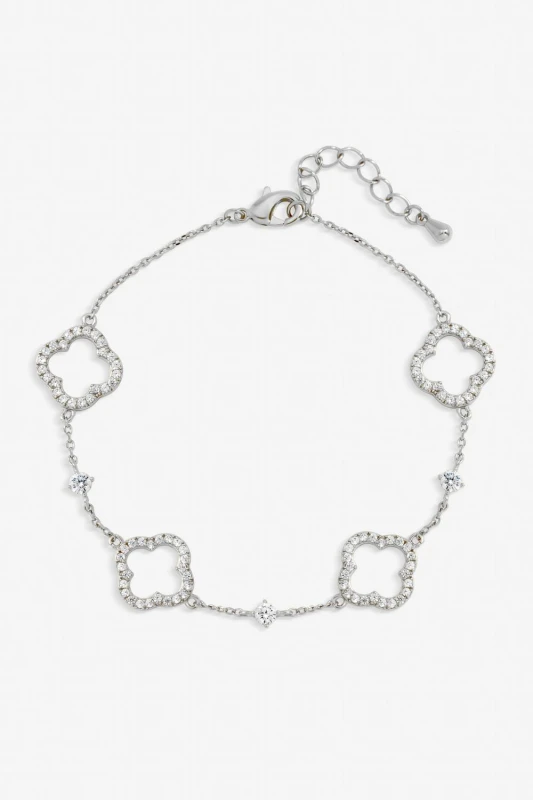 Image of Jon Richard Womens Silver Plated Pave & Crystal Open Clover Bracelet Silver Female One Size