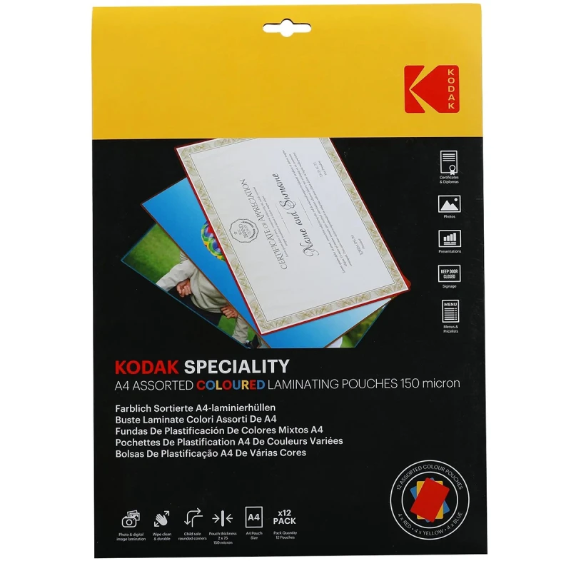 Image of Kodak Speciality Assorted Coloured A4 Laminating Pouches - 150 Micron