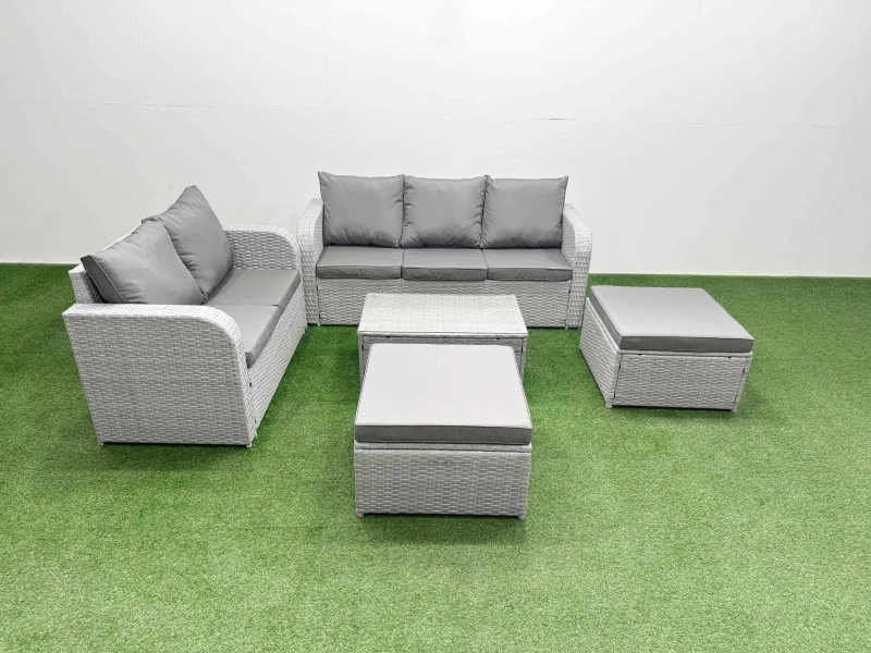 Image of Fimous 7 Seater PE Rattan Wicker Garden Furniture Patio Conservatory Sofa Set with Rectangular Coffee Table 3 Seater Sofa Love Sofa 2 Big Footstool Li