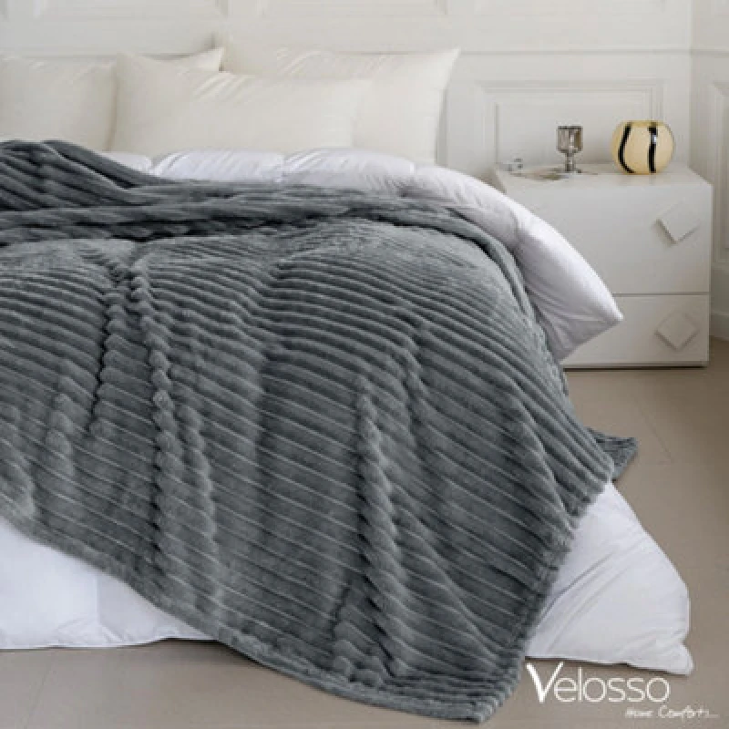 Image of Velosso Elegant Thermal Plush Ribbed Throw Blanket In Modern Style For Sofa, Bed In 200Cm X 240Cm - Silver