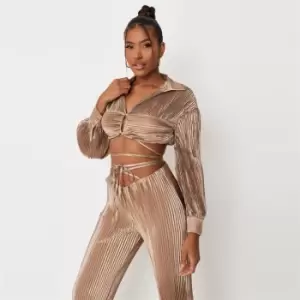 Image of Missguided Plisse Wrap Around Crop Shirt - Neutral