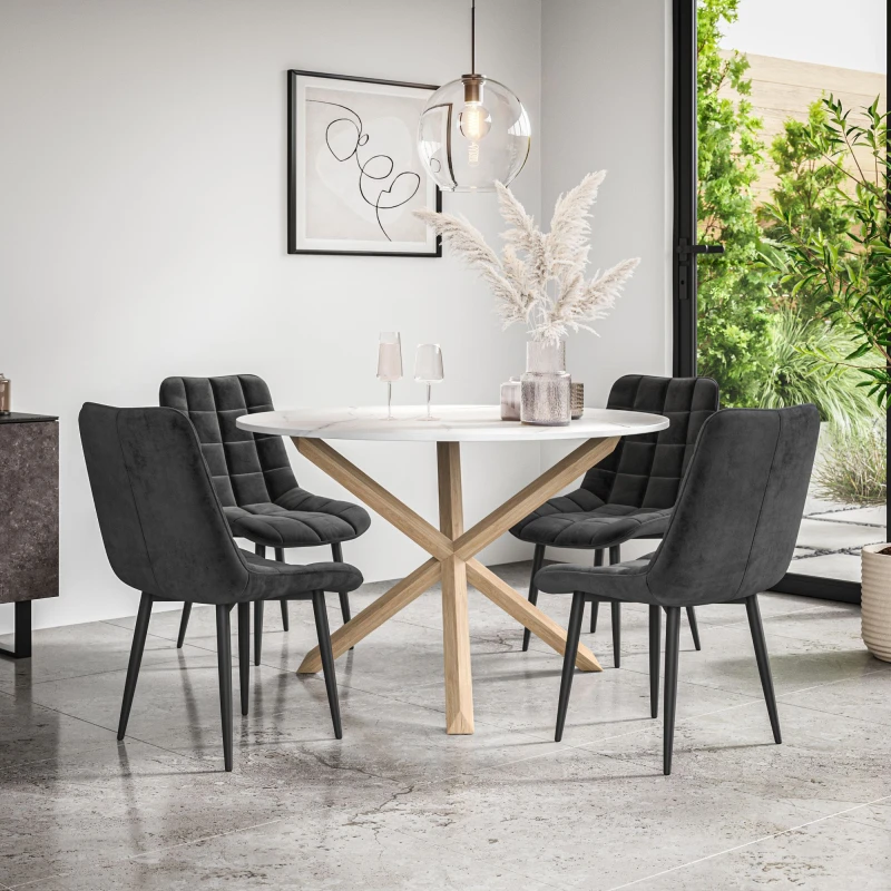 Image of More4Homes Malvern Round Dining Table And Chairs - Marble Table Top W Solid Oak Legs + Nova Velvet Dining Chair Set Of 4 (Black)