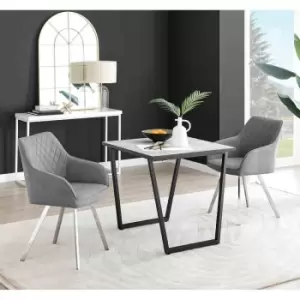 Image of Furniture Box Carson White Marble Effect Square Dining Table and 2 Dark Grey Falun Silver Leg Chairs