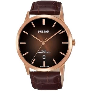 Image of Pulsar PS9534X1 Mens Brown Classic Leather Strap Rose Gold Case 50M Watch