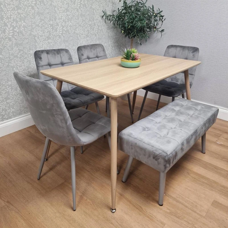 Image of KOSY KOALA Dining Set with 4 Grey Velvet Dining Chair & 1 Grey Velvet Bench Grey Unisex