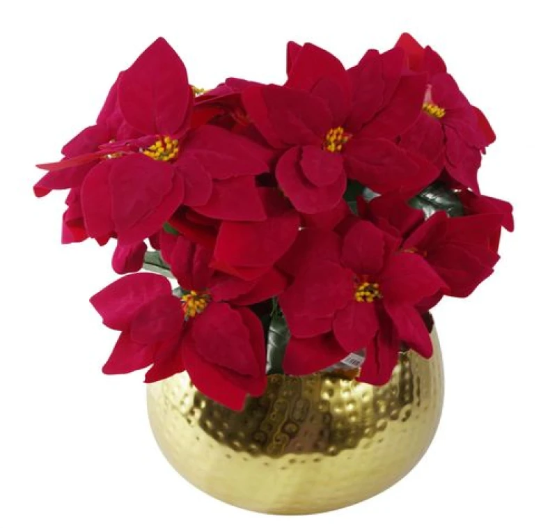 Image of Leaf Artificial Christmas Xmas Poinsettias Gold Curve Large Metal Planter Red