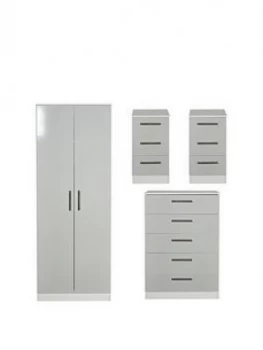 Image of Swift Montreal Gloss Ready Assembled 4 Piece Package - 2 Door Mirrored Wardrobe, 5 Drawer Chest And 2 Bedside Chests