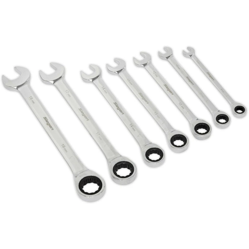 Image of Loops 7pc Ratchet Combination Spanner Set - 12 Point Metric Ring Open Head Nut Wrench Multi