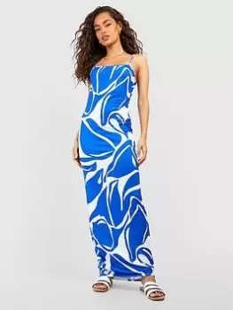 Image of Boohoo Abstract Print Strappy Maxi Dress - Blue Size 16, Women