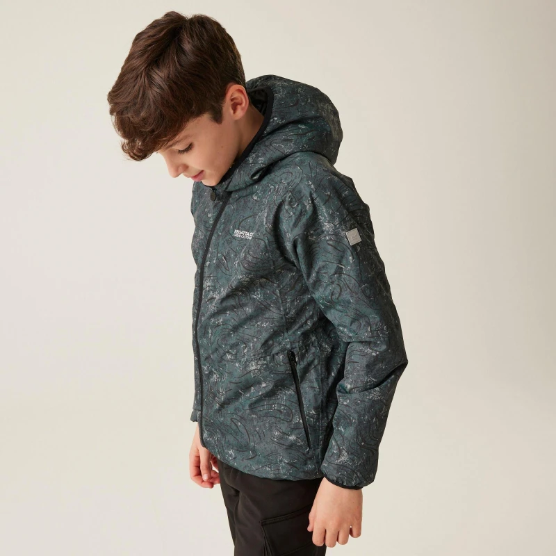Image of Regatta Boys Volcanics VIII Full Zip Waterproof Jacket 5-6 Years - Chest 59-61cm (Height 110-116cm) Seal Grey Terrain Print RKP275B-RAI-5