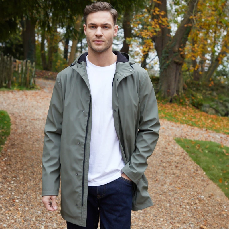 Image of Threadbare Microfleece Lined Longline Showerproof Hooded Raincoat Khaki