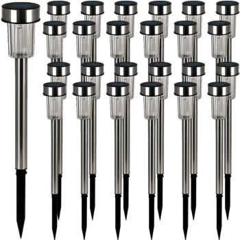 Image of Pack of 24 White LED Solar Powered Garden Lights Brushed Stainless Steel - Deuba