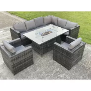 Image of Fimous 8 Seater Outdoor Dark Grey Rattan Lounge Complete Sofa Set with Burner Gas Fire Pit Table and Gas Heater