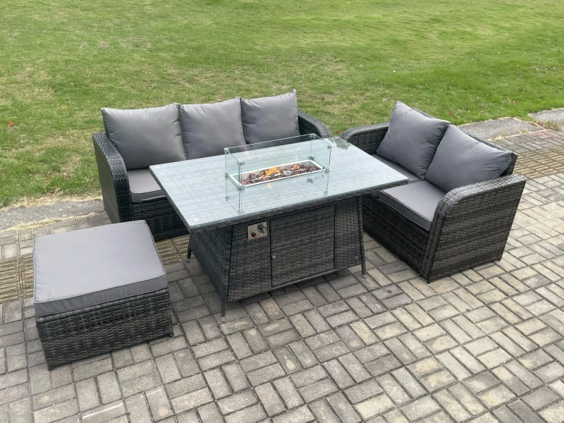 Image of Fimous PE Wicker Outdoor Rattan Garden Furniture Set Propane Gas Fire Pit Table and Sofa set with Big Footstool Dark Grey