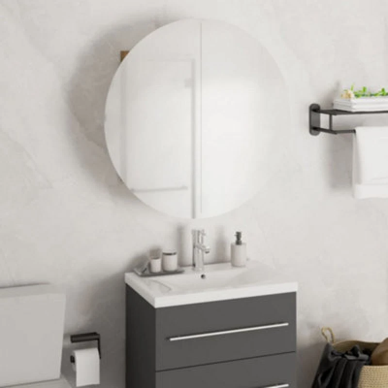 Image of vidaXL Bathroom Cabinet with Round Mirror&LED Black 47x47x17.5 cm, Black 345584