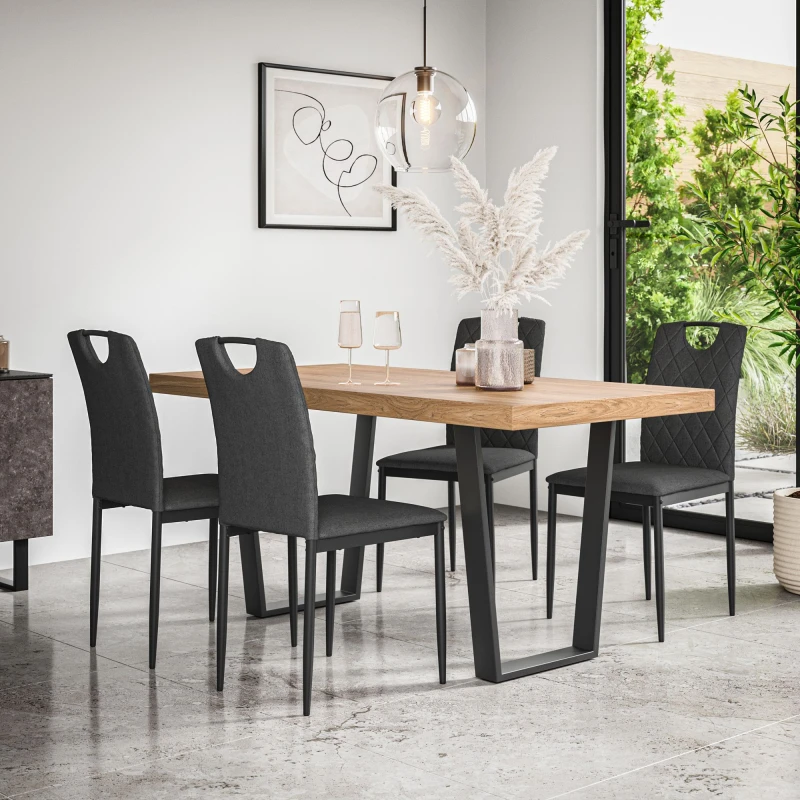 Image of More4Homes Aria Dining Table And Chairs - Oak Effect Table Top W Black Legs + Monza Linen Dining Chair Set Of 6 (Charcoal)