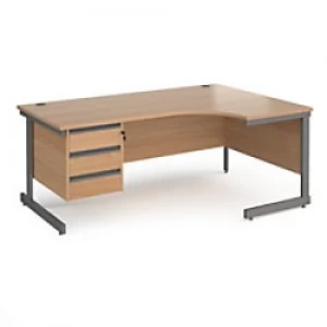 Image of Dams International Right Hand Ergonomic Desk with Beech Coloured MFC Top and Graphite Frame Cantilever Legs and 3 Lockable Drawer Pedestal CC18ER3-G-B