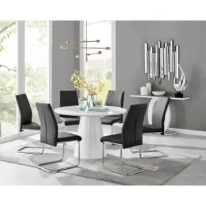 Image of Furniture Box Palma White High Gloss Round Dining Table and 6 Black Lorenzo Chairs