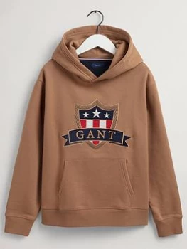 Image of Boys, Gant Kids Banner Shield Hoodie - Roasted Walnut, Roasted Walnut, Size 9-10 Years