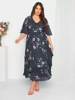 Image of Yours Floral Ruffle Hem Maxi Dress - Navy, Blue, Size 14, Women