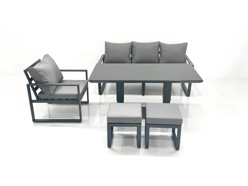 Image of Fimous Outdoor Aluminium Garden Furniture Set with Adjustable Rising Lifting Dining Table 3 Seater Sofa Chair 2 Small Footstools Dark Grey Dark Grey U