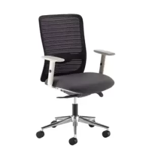 Image of Arcade Black mesh back operator chair with grey fabric seat and light grey frame and chrome base