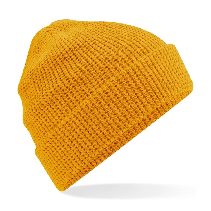Image of Beechfield Beechfield Men Cuffed Cotton Waffle Beanie in Mustard Mustard One Size Male 5059958587120