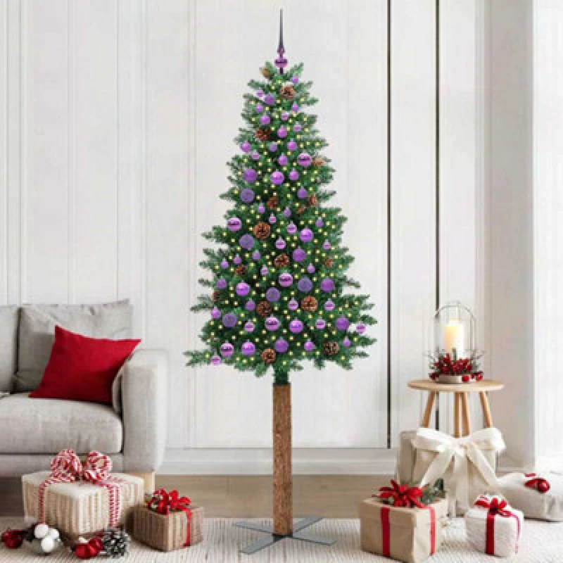 Image of vidaXL Slim Christmas Tree with Lilac Balls Green 210cm PVC and Solid Pine wood, Green 3394883