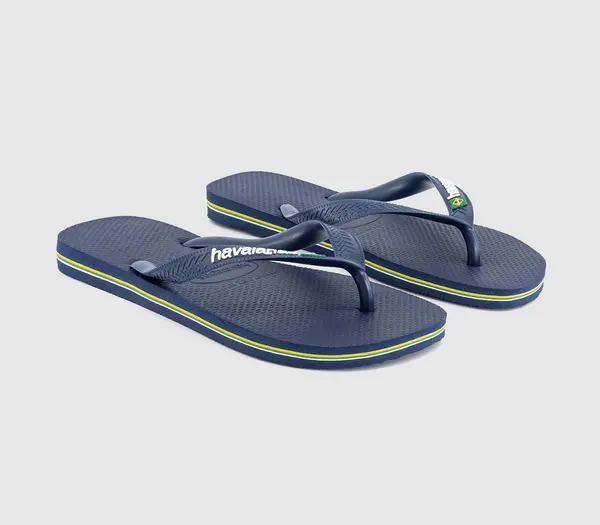 Image of Havaianas Mens Brasil Logo Flip Flops In Blue, 9/10