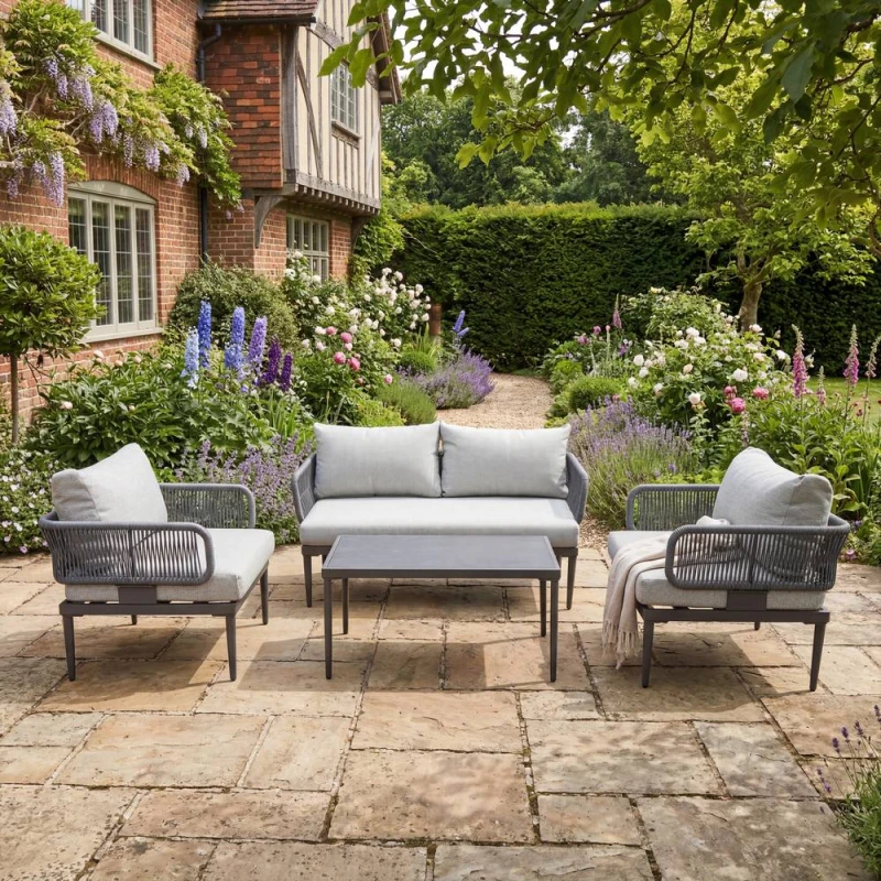 Image of Artemis Home Soveria Outdoor Conversation Set - 2 Seat Sofa, 2 x Chairs + Table in Grey Grey Unisex