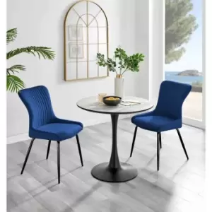 Image of Furniture Box Elina White Marble Effect Round Dining Table and 2 Blue Nora Black Leg Chairs